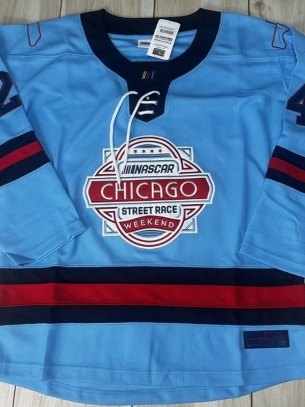 Nascar Light Blue Jersey with Red and Navy Accents